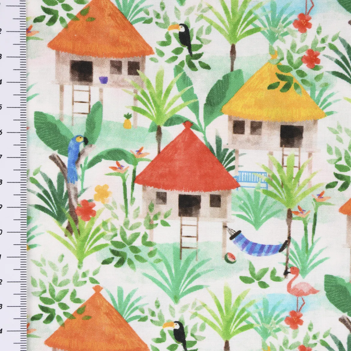 LeQuilt Patchworkstoff Baumwollstoff Popeline Gamboa Hütten weiß grün 115cm Breite