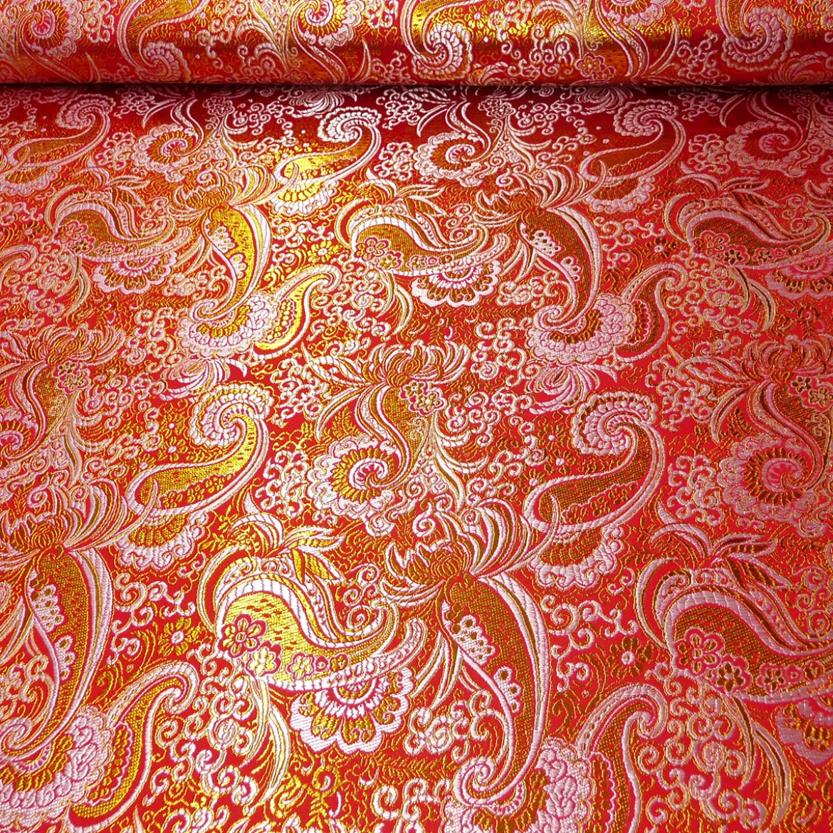 Lurex Jaquard Stoff Paisley Ornament rot goldfarbig