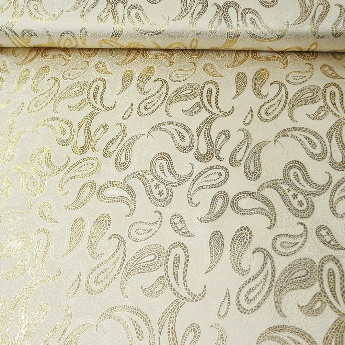 Lurex Jaquard Stoff Paisley weiß goldfarbig 1,5m Breite
