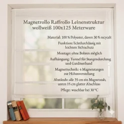 Magnetrollo Raffrollo ohne Bohren Leinenstruktur mit 4 Magnetstäben wollweiß 100x125cm (BxH)