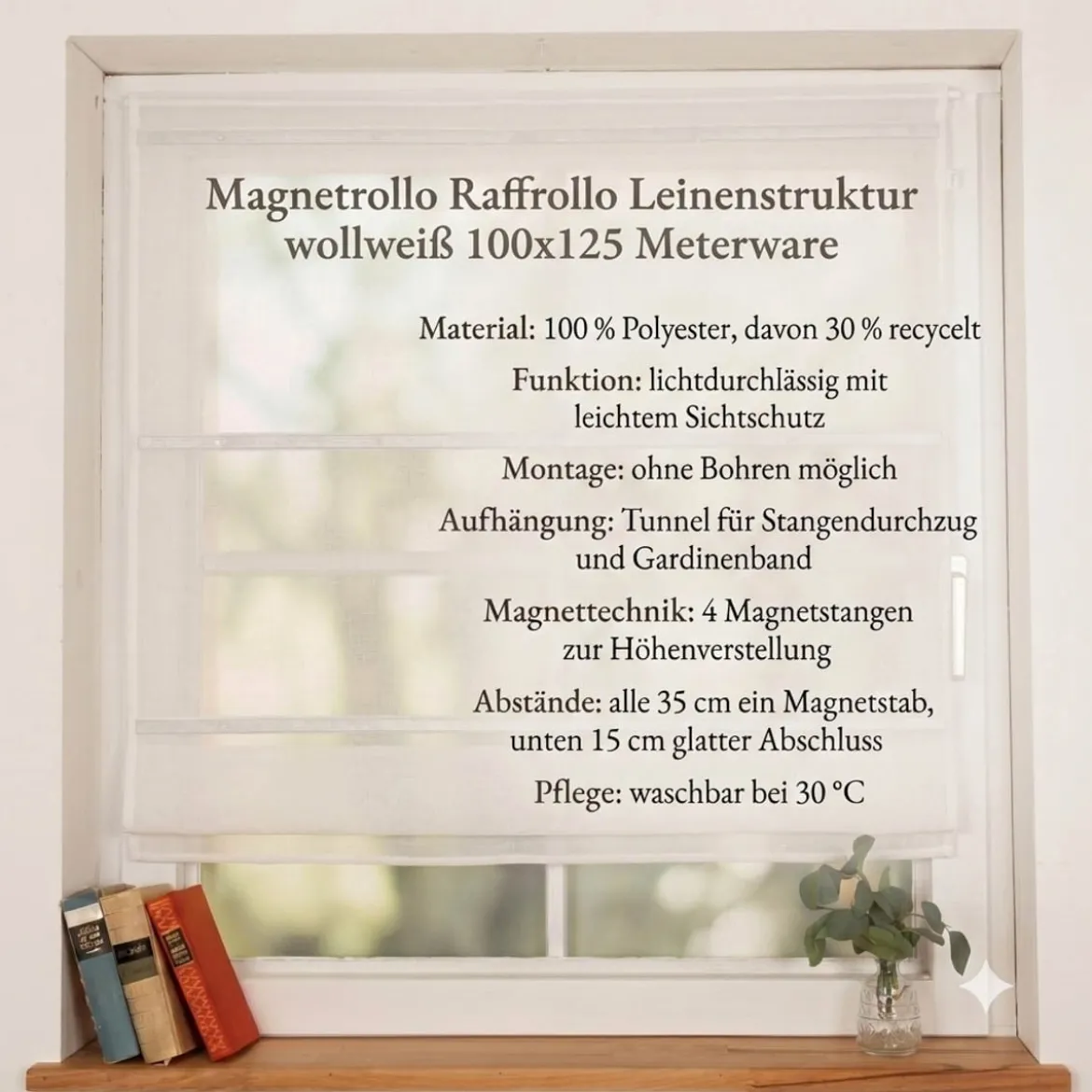 Magnetrollo Raffrollo ohne Bohren Leinenstruktur mit 4 Magnetstäben wollweiß 100x125cm (BxH)