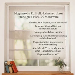 Magnetrollo Raffrollo ohne Bohren Leinenstruktur mit 4 Magnetstäben taupe-grau 100x125cm (BxH)