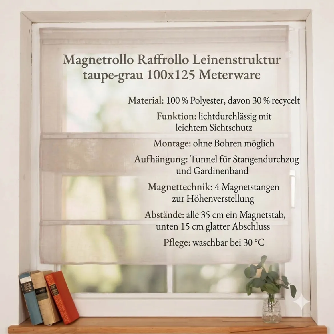 Magnetrollo Raffrollo ohne Bohren Leinenstruktur mit 4 Magnetstäben taupe-grau 100x125cm (BxH)