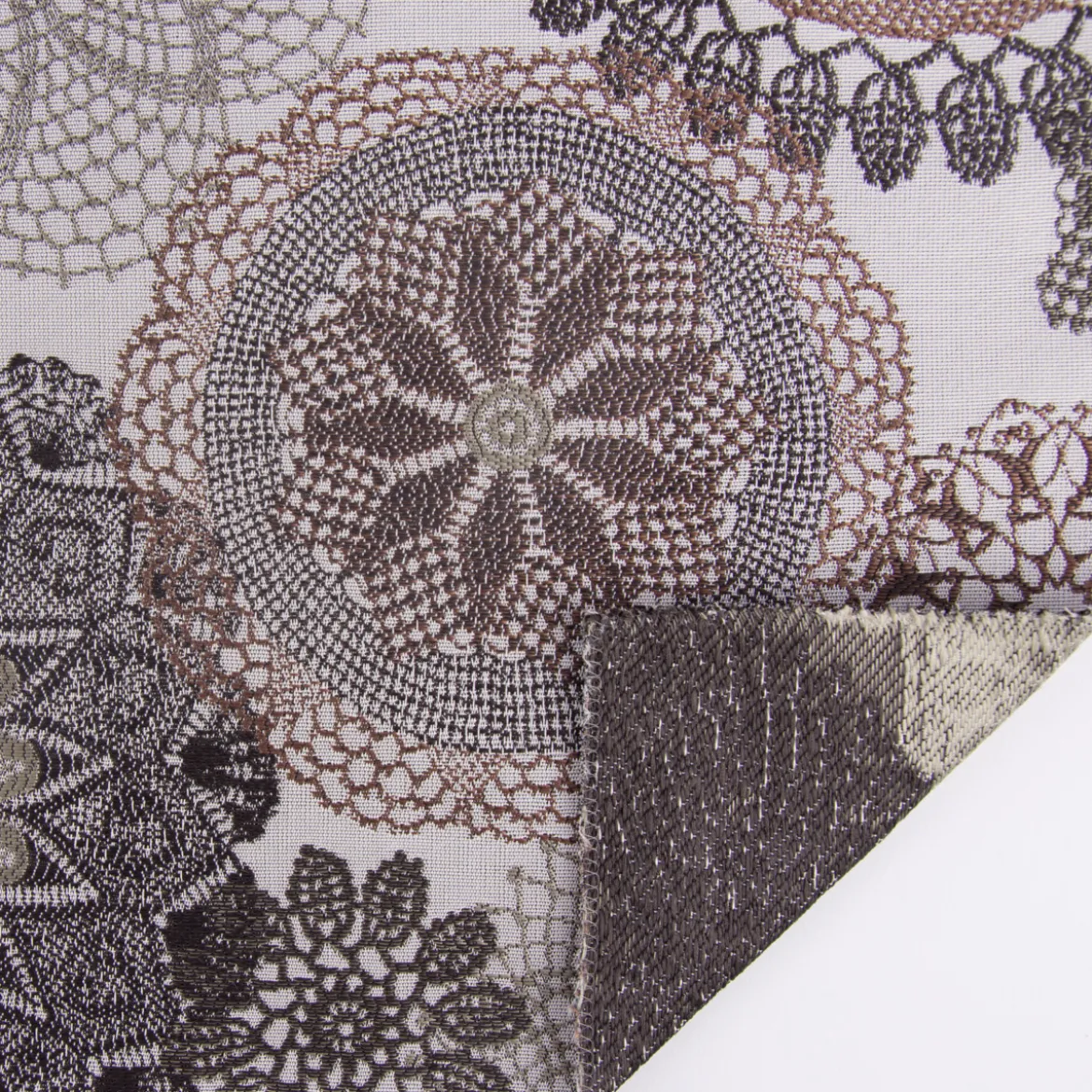 Möbelstoff Polsterstoff Dekostoff Doily Mandala Blumen mocca 1,40m Breite