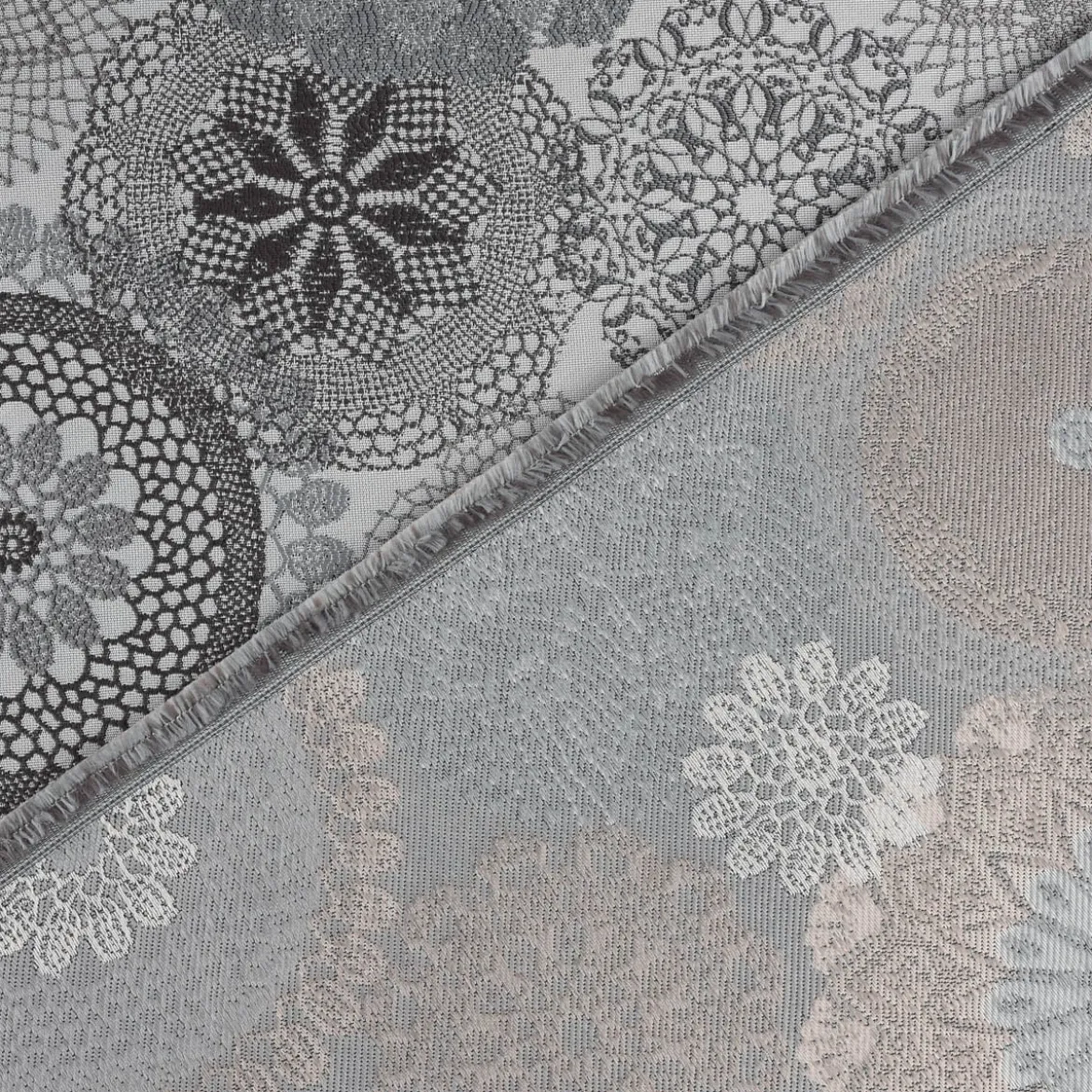 Möbelstoff Polsterstoff Dekostoff Doily Mandala Blumen grau 1,40m Breite