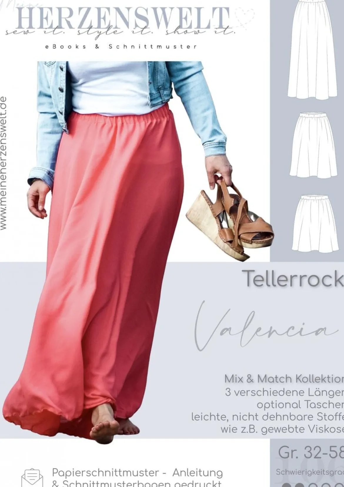 Meine Herzenswelt Damen Schnittmuster Rock Tellerrock Valencia Papierschnittmuster Gr. 32-58
