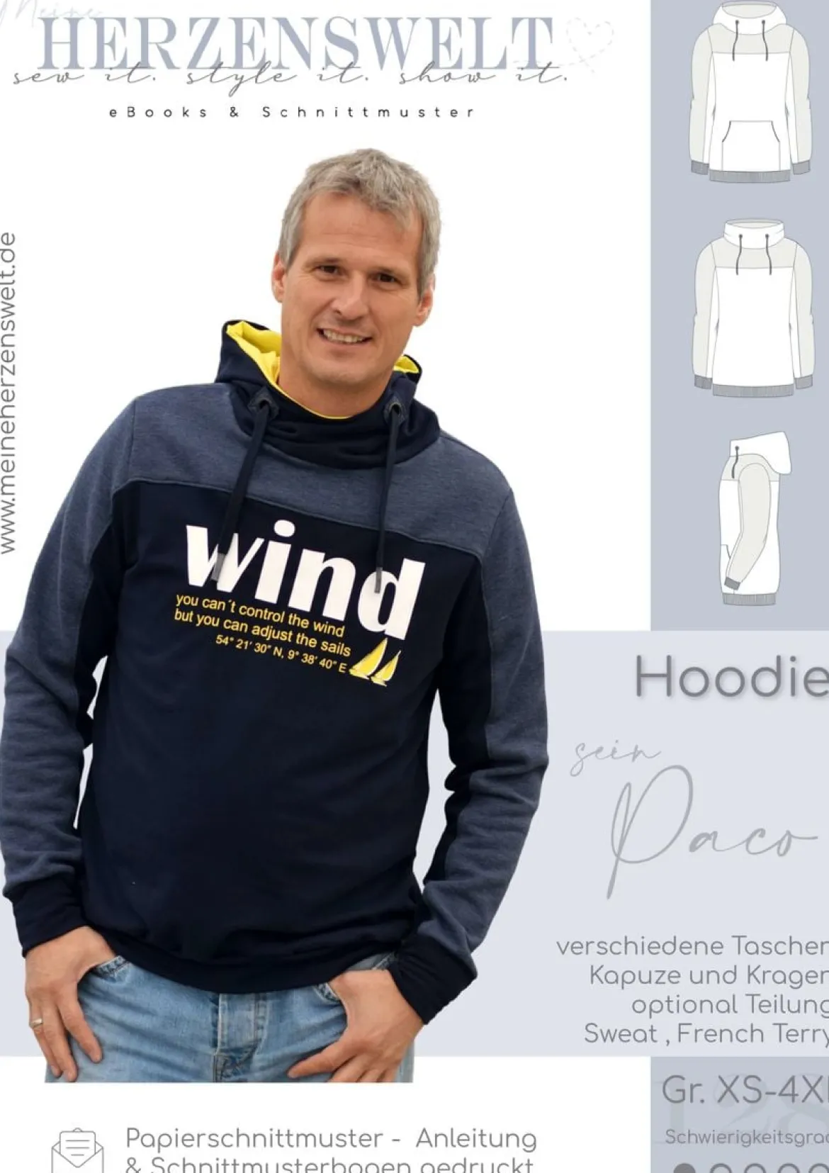 Meine Herzenswelt Herren Schnittmuster Hoodie sein Paco Papierschnittmuster Gr. XS-4XL