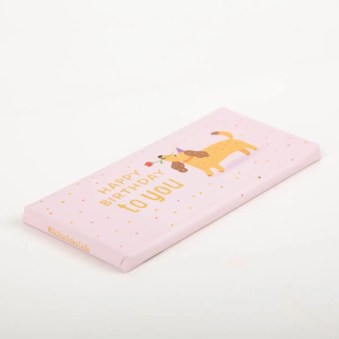 Mini-Schokotafel "Happy Birthday to you" Hund mit Blume rosa goldveredelt 30g von Grafik Werkstatt