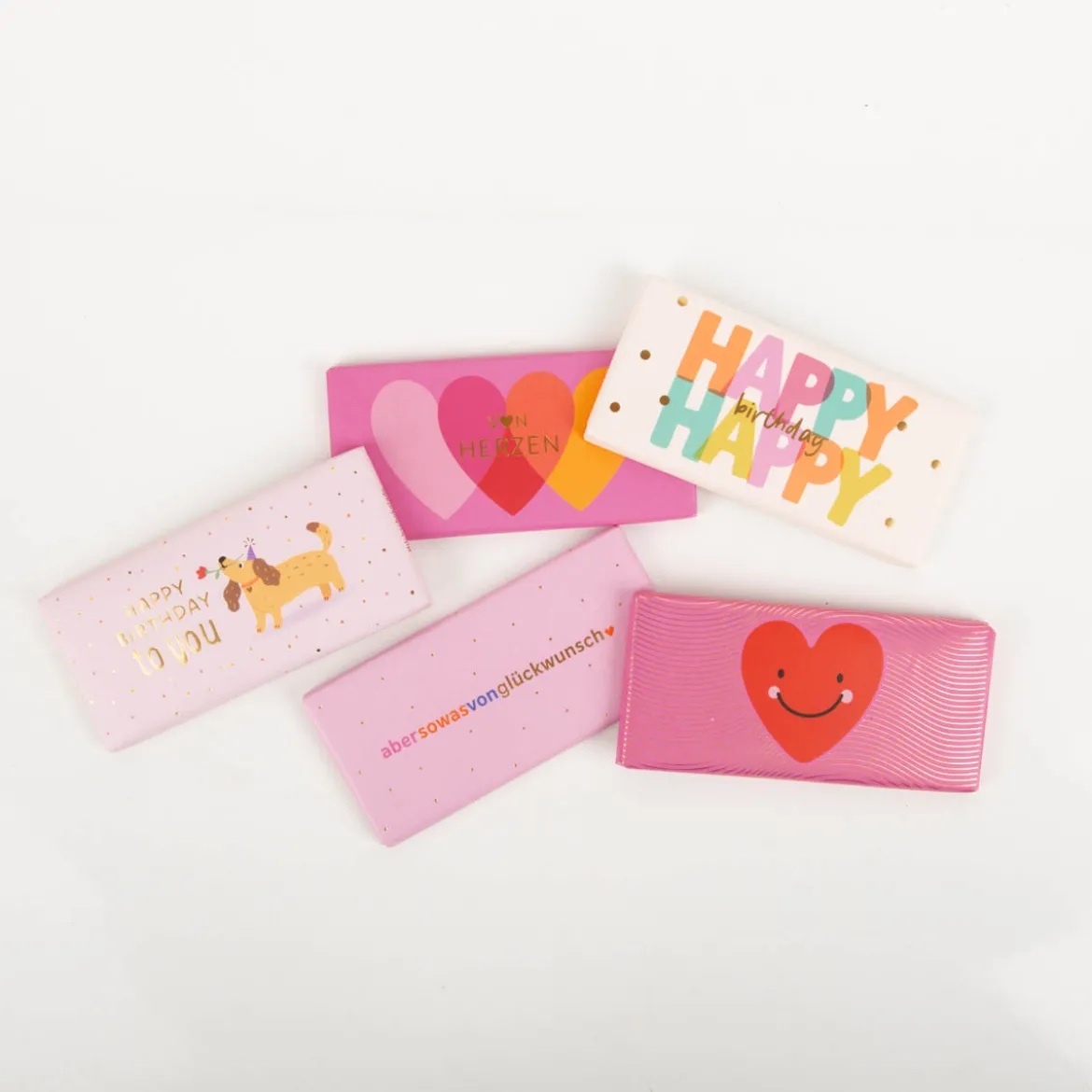 Mini-Schokotafel "Happy Birthday to you" Hund mit Blume rosa goldveredelt 30g von Grafik Werkstatt