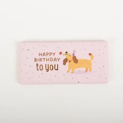 Mini-Schokotafel "Happy Birthday to you" Hund mit Blume rosa goldveredelt 30g von Grafik Werkstatt