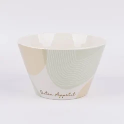 Müslischale aus Porzellan Guten Appetit grafisch pastell weiß mint beige gold 14x9cm von der Schreibkram Manufaktur