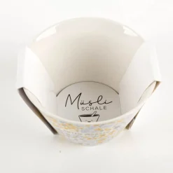 Müslischale mit Goldveredelung "Guten Morgen" Blümchen gelb lila 600ml von Grafik Werkstatt