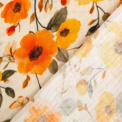 Musselin Stoff Baumwolle Digitaldruck Ezia Blumen beige orange gelb 1,30m Breite