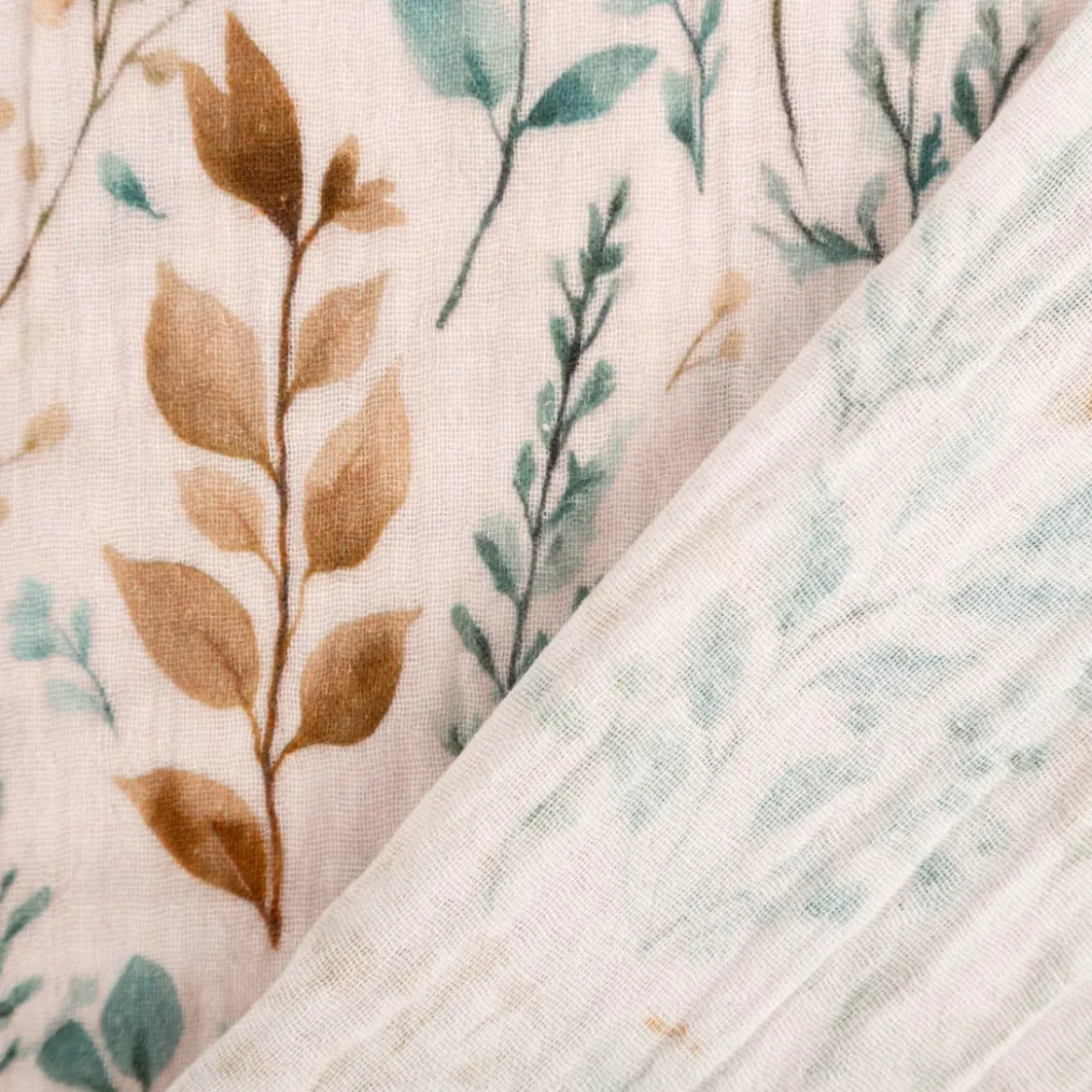 Musselin Stoff Baumwolle Digitaldruck Mariva Blätter Gräser beige grün 1,30m Breite