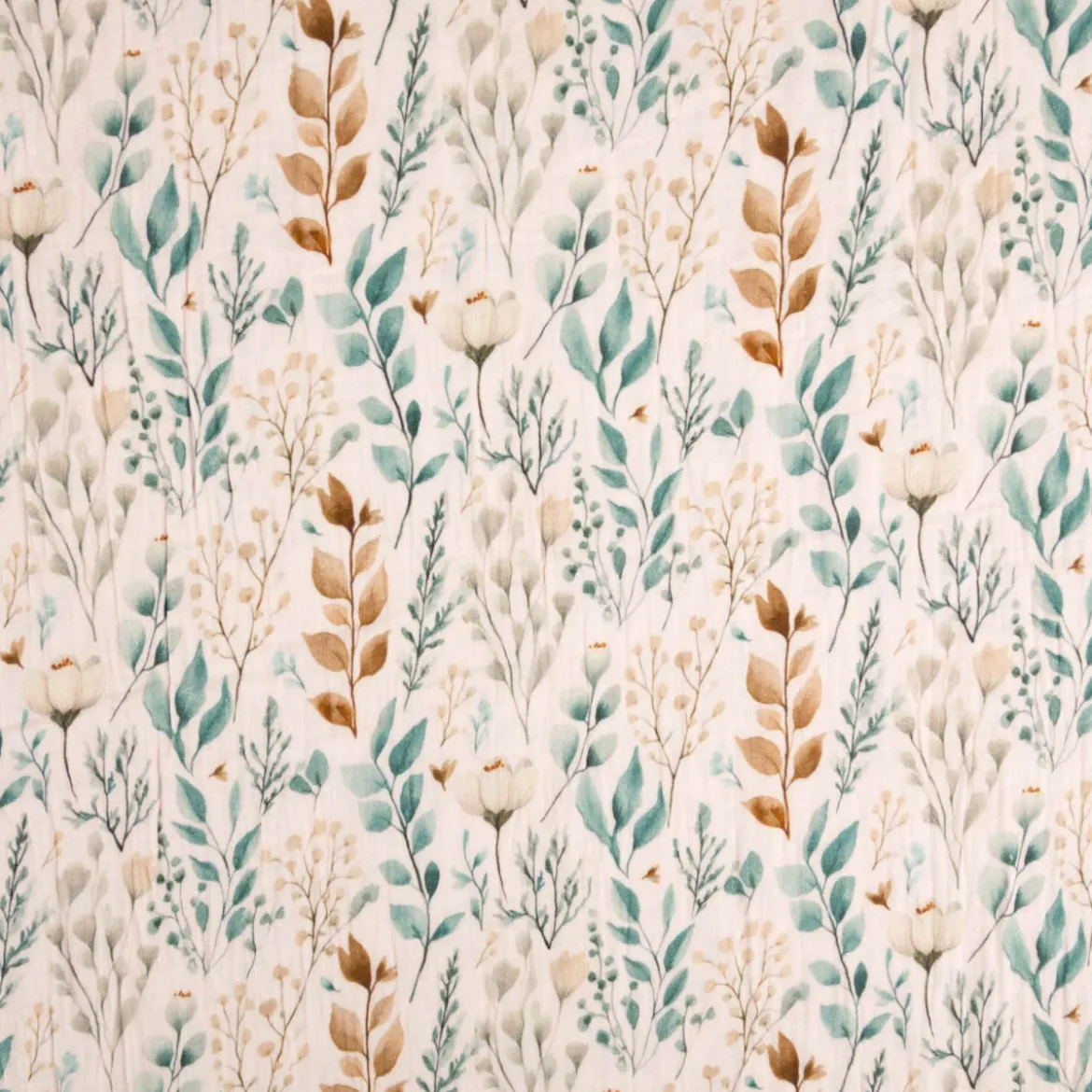 Musselin Stoff Baumwolle Digitaldruck Mariva Blätter Gräser beige grün 1,30m Breite