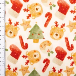Musselin Stoff Baumwolle Digitaldruck Rufo Weihnachtsbären Zuckerstangen ecru rot 1,30m Breite