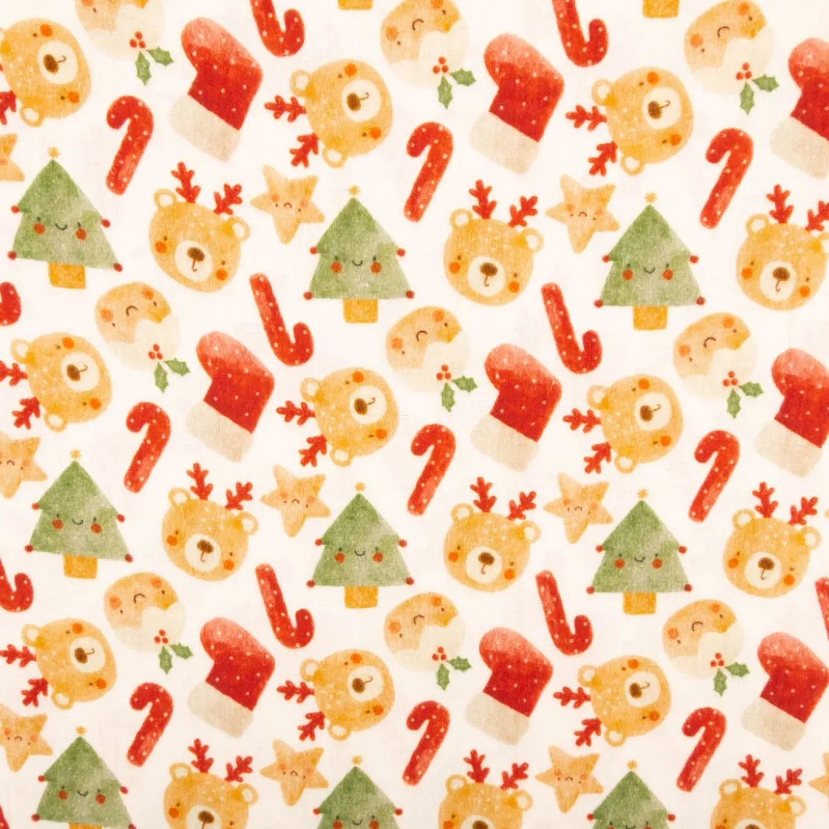 Musselin Stoff Baumwolle Digitaldruck Rufo Weihnachtsbären Zuckerstangen ecru rot 1,30m Breite