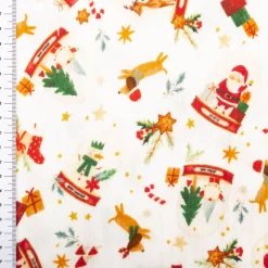 Musselin Stoff Baumwolle Digitaldruck Joujou Schneekugeln Weihnachtsmann weiß rot 1,30m Breite