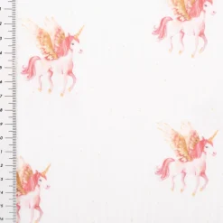 Musselin Stoff Baumwolle Einhorn Digitaldruck weiß rosa 1,32m Breite