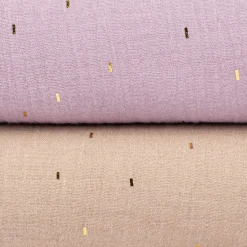 Musselin Stoff Baumwolle Foliendruck Konfetti Striche einfarbig hell violett goldfarbig 1,35m Breite
