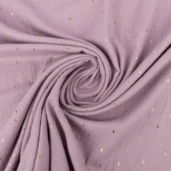 Musselin Stoff Baumwolle Foliendruck Konfetti Striche einfarbig hell violett goldfarbig 1,35m Breite