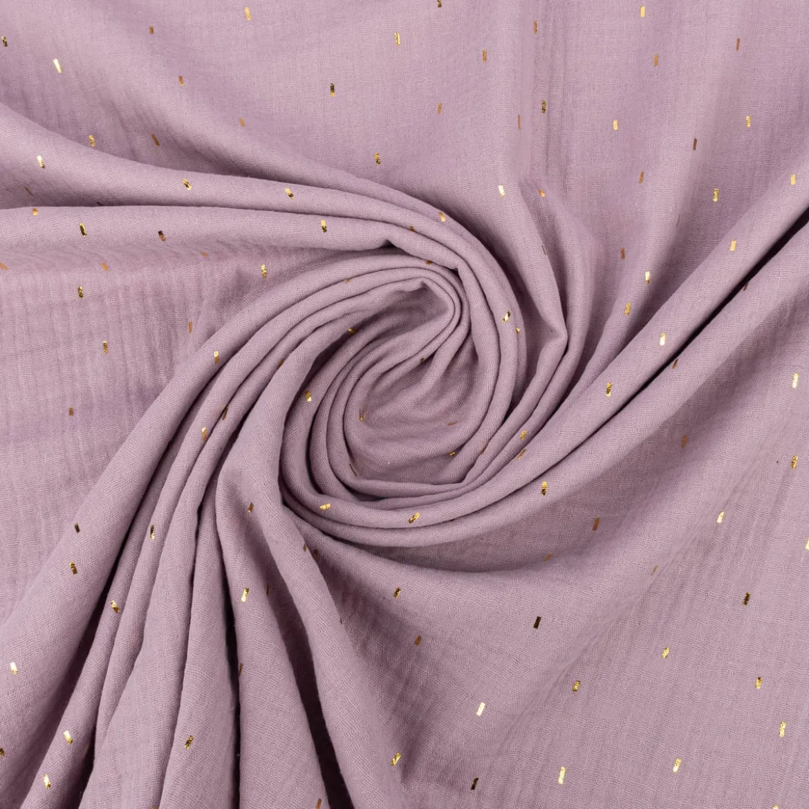 Musselin Stoff Baumwolle Foliendruck Konfetti Striche einfarbig hell violett goldfarbig 1,35m Breite