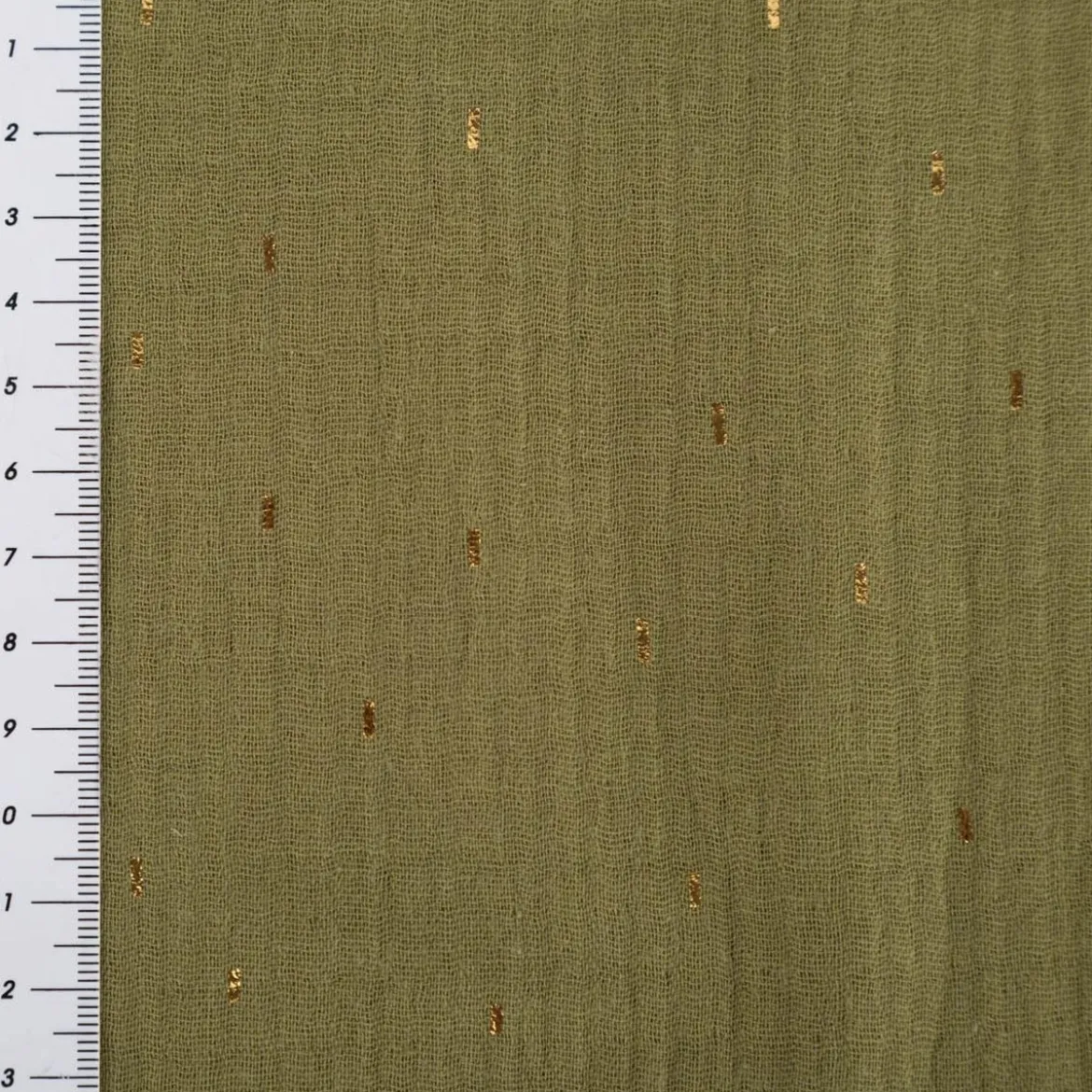 Musselin Stoff Baumwolle Foliendruck Konfetti Striche einfarbig olivgrün goldfarbig 1,35m Breite