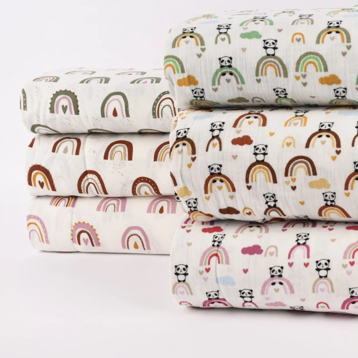 Musselin Stoff Baumwolle glatt Regenbogen Panda Wolken weiß braun ocker blau 1,30m Breite