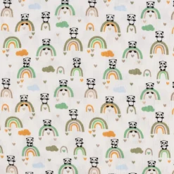 Musselin Stoff Baumwolle glatt Regenbogen Panda Wolken weiß grün ocker blau 1,30m Breite