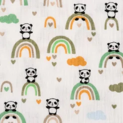 Musselin Stoff Baumwolle glatt Regenbogen Panda Wolken weiß grün ocker blau 1,30m Breite