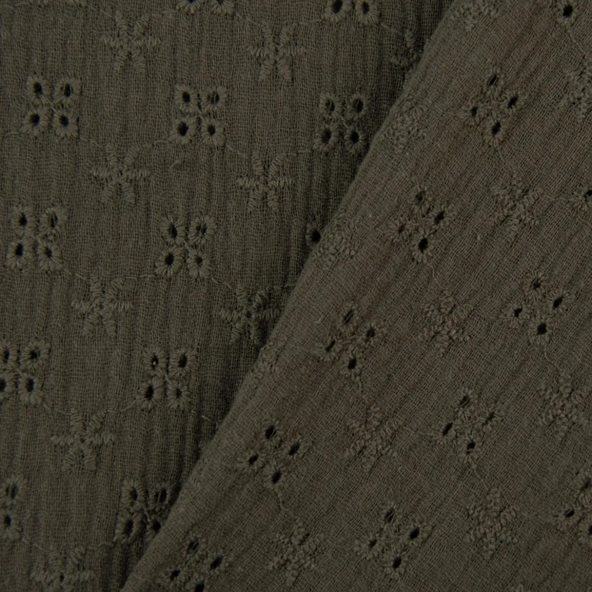 Musselin Stoff Baumwolle Lochstickerei Blumen einfarbig khaki 1,35m Breite