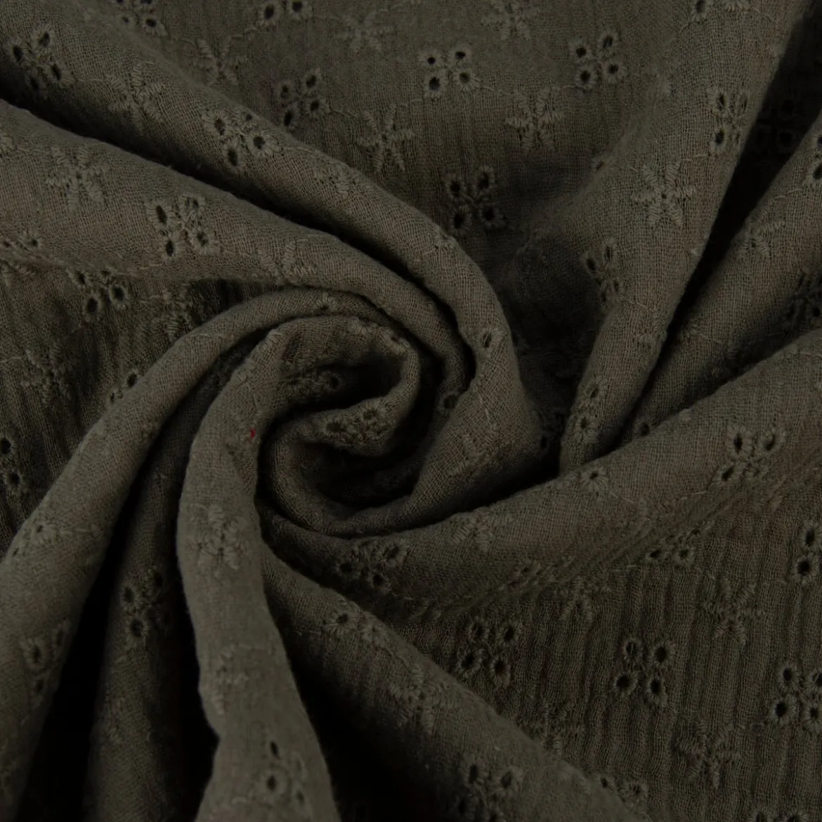 Musselin Stoff Baumwolle Lochstickerei Blumen einfarbig khaki 1,35m Breite