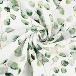 Musselin Stoff Baumwolle Organic Bio Digitaldruck Eukalyptus Blätter weiß grün braun 1,35m Breite