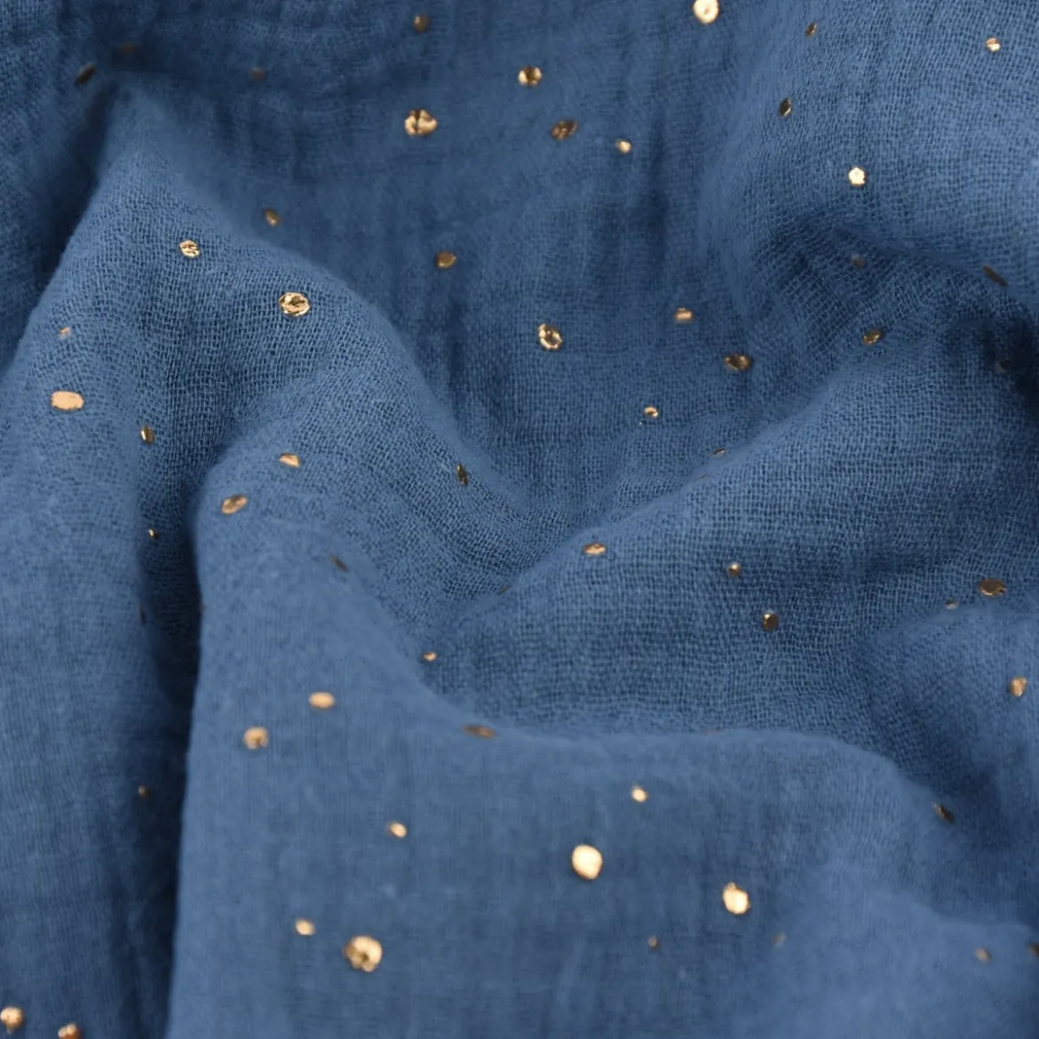 Musselin Stoff Baumwolle Punkte jeansblau gold 1,4m Breite