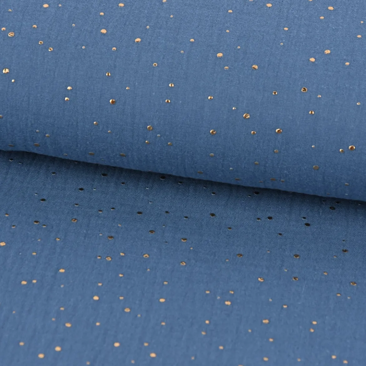 Musselin Stoff Baumwolle Punkte jeansblau gold 1,4m Breite