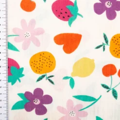 Musselin Stoff Baumwollstoff Früchte Blumen weiß bunt 1,50m Breite