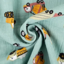 Musselin Stoff Baumwollstoff Baufahrzeuge Mintgrün Bunt 1,50m Breite