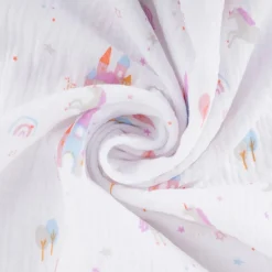 Musselin Stoff Double Gauze Castilla Einhörner und Märchenschlösser weiß rosa bunt 1,30m Breite