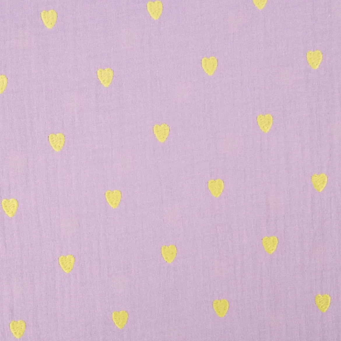 Musselin Stoff Double Gauze Herzchen Stickerei violett gelb 1,35m Breite