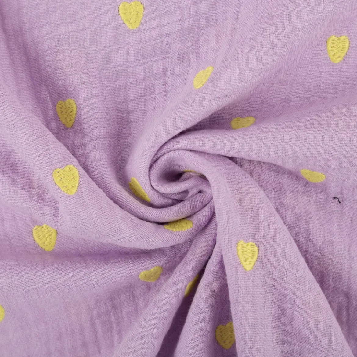 Musselin Stoff Double Gauze Herzchen Stickerei violett gelb 1,35m Breite