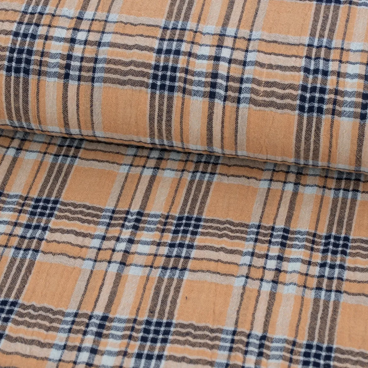 Musselin Stoff Double Gauze Karos zweiseitig sand blau 1,35m Breite