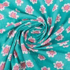 Musselin Stoff Double Gauze Mafleur Blüten grün rosa 1,30m Breite