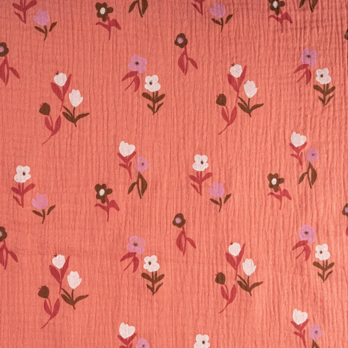 Musselin Stoff Double Gauze Pixflo Blumen koralle rot weiß 1,30m Breite