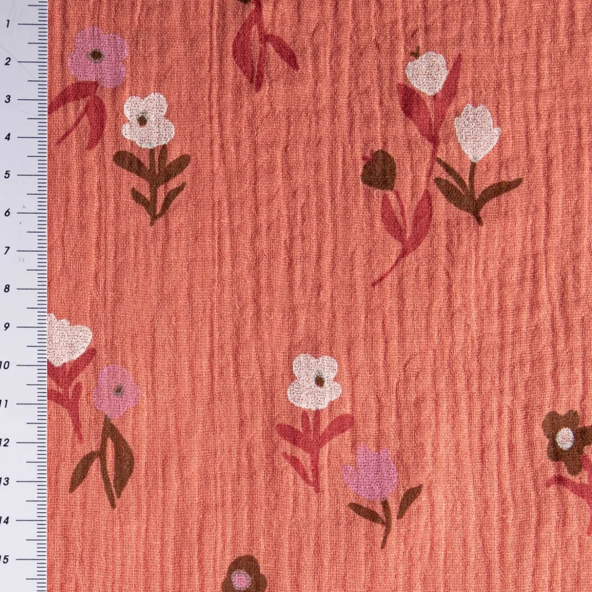 Musselin Stoff Double Gauze Pixflo Blumen koralle rot weiß 1,30m Breite