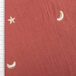 Musselin Stoff Double Gauze STARS Stickerei Sterne Mond rot 1,35m Breite