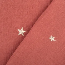 Musselin Stoff Double Gauze STARS Stickerei Sterne Mond rot 1,35m Breite