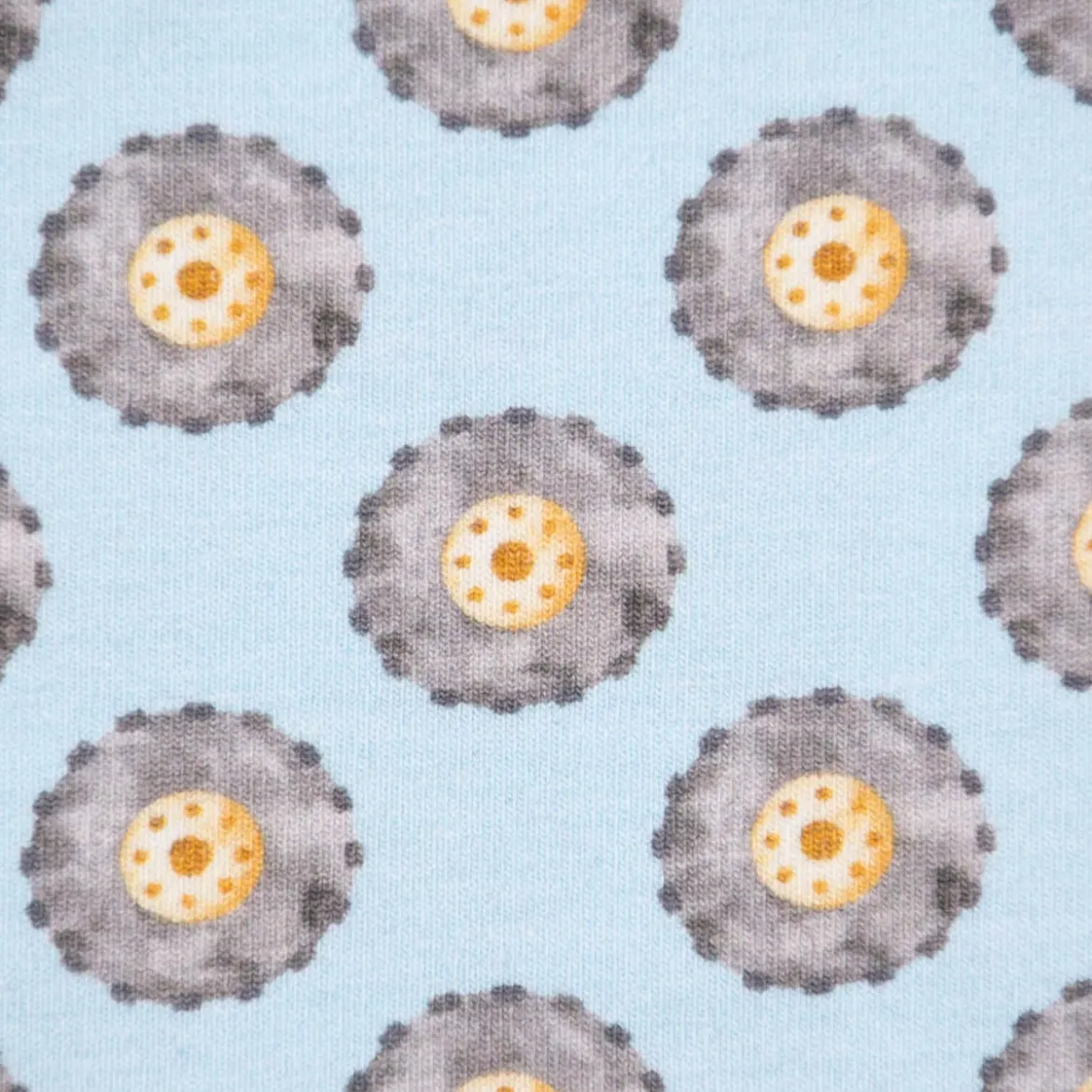 Organic Bio Baumwolljersey Digitaldruck Fahrzeuge Reifen hellblau grau gelb 1,50m Breite