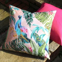 Outdoor Kissen Peacock Pfau Dschungel blush rosa 43x43cm