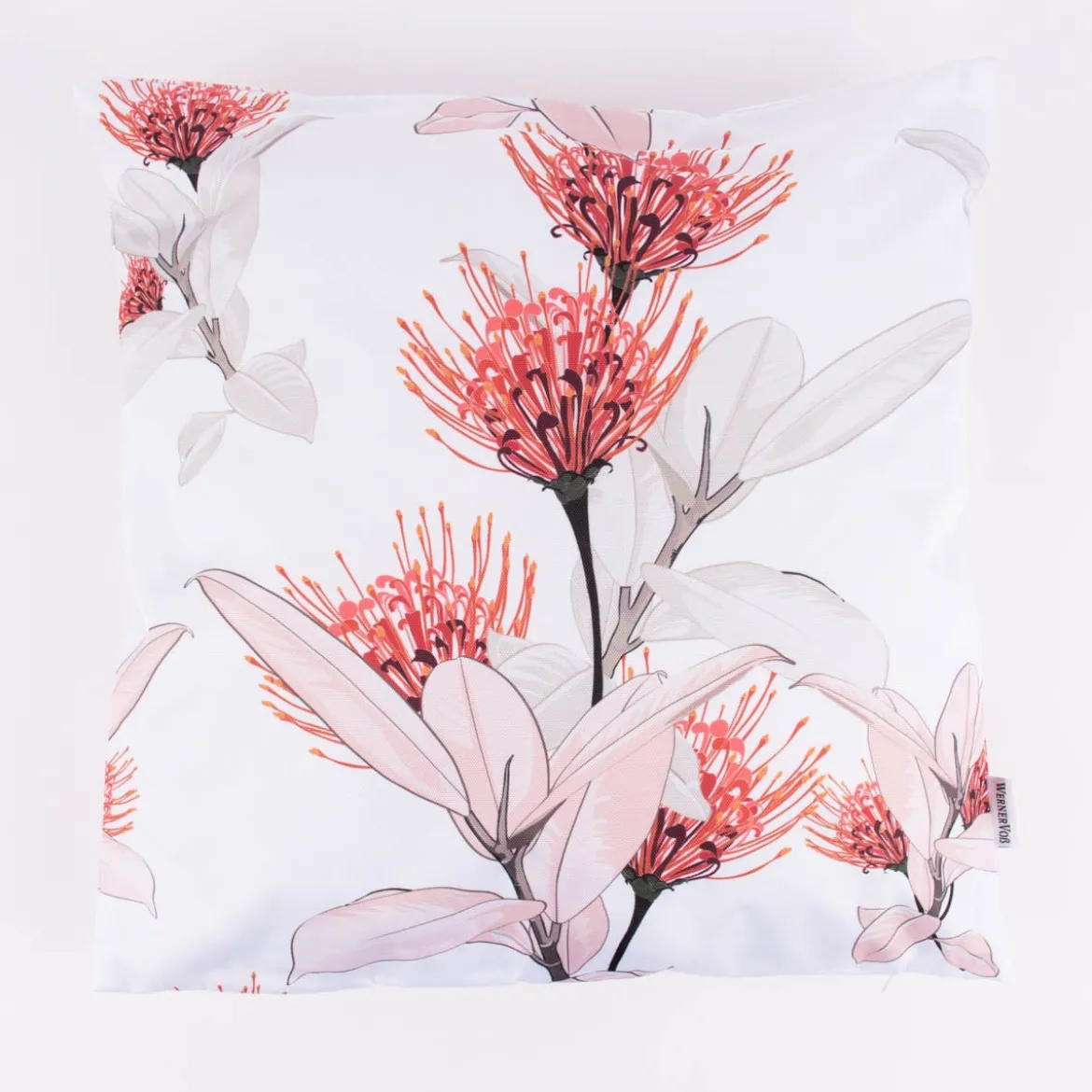 Outdoor Kissen Protea Blumen Blätter weiß rosa orange altgrün 45x45cm