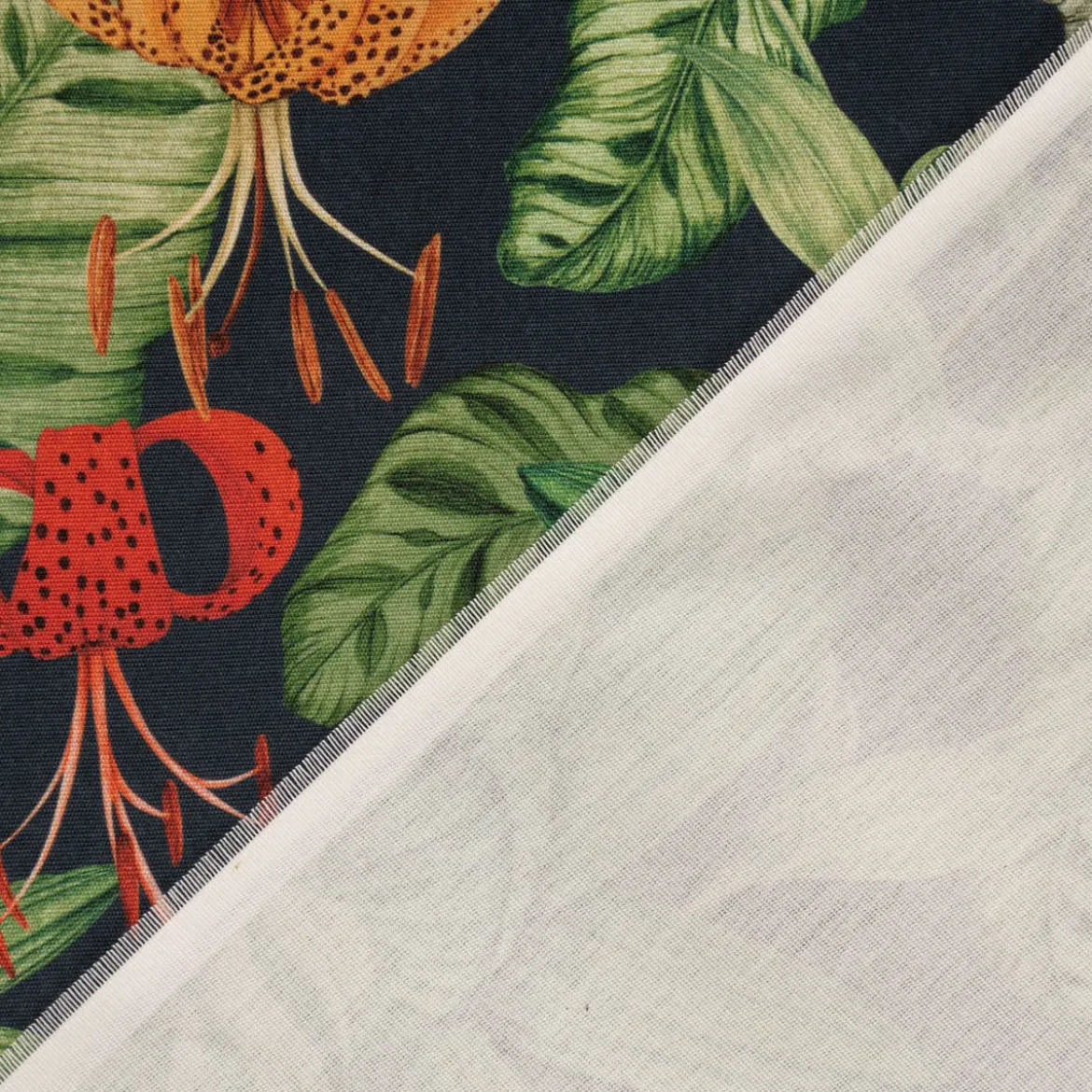 Outdoorstoff Dralon Teflonbeschichtung Tropical Garden Party Blätter Blüten dunkelblau grün rot 1,40m Breite